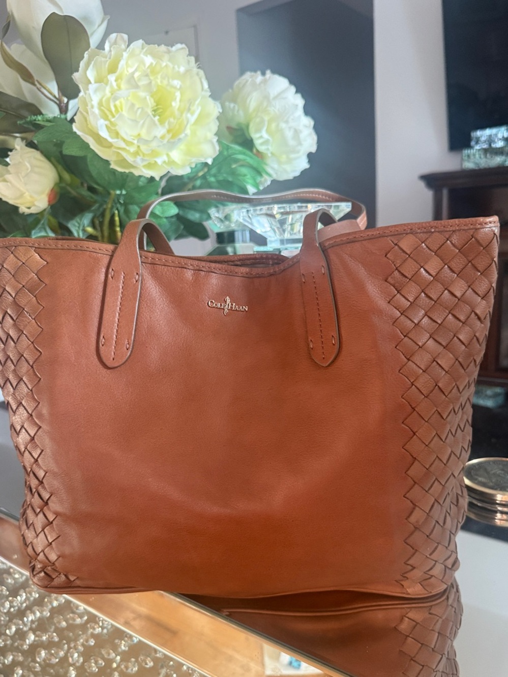 Cole Haan Woven Paneled Tote in Cognac